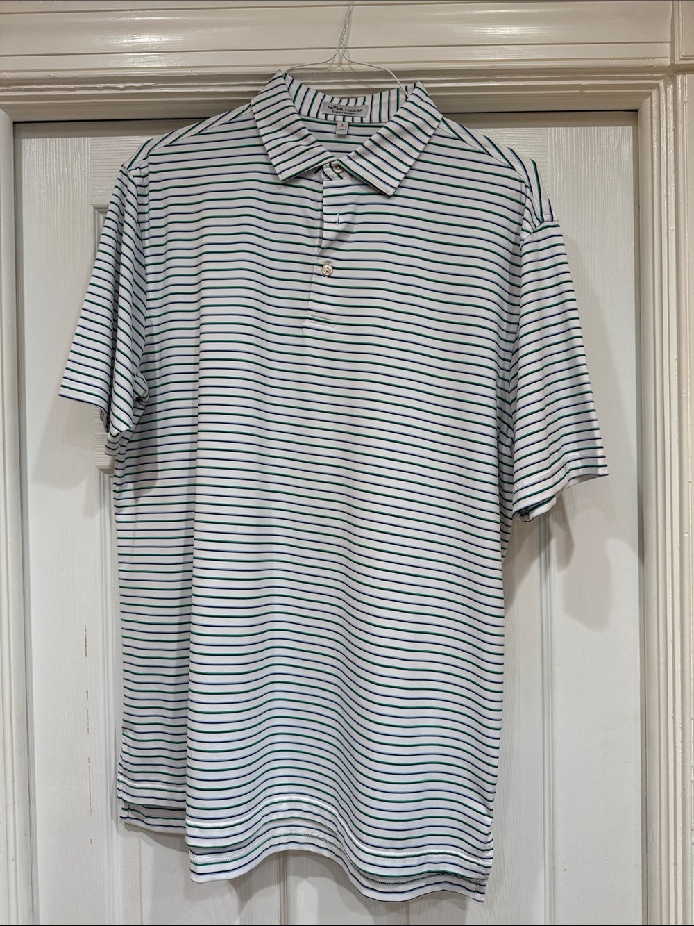 Peter Millar White Polo with Navy & Green Stripes
